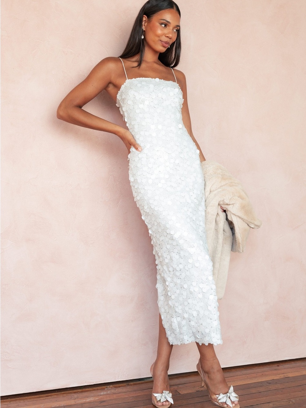 Petal & Pup White Spaghetti Strap Sequin Floral Midi Dress
